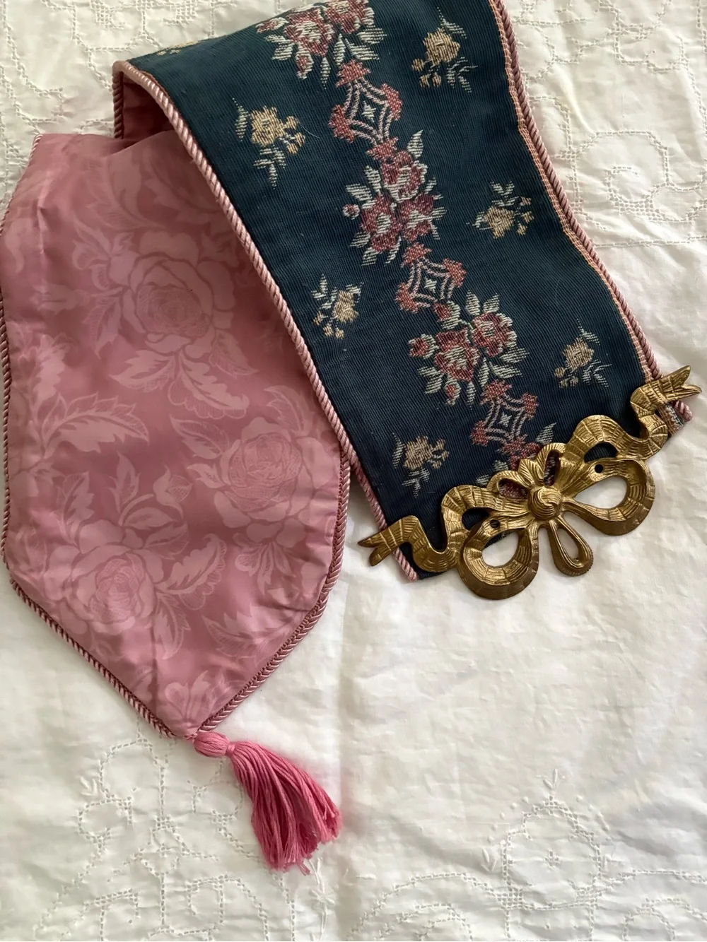 Vintage-Inspired Pink and Navy Floral Wall Hanging with Gold Accent